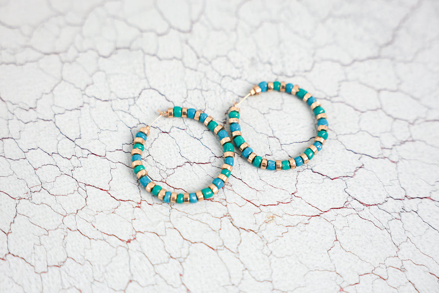 Turquoise Glass and Beaded Hoops