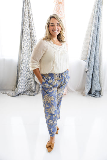Blue & Cream Flower Pants in Cotton Print