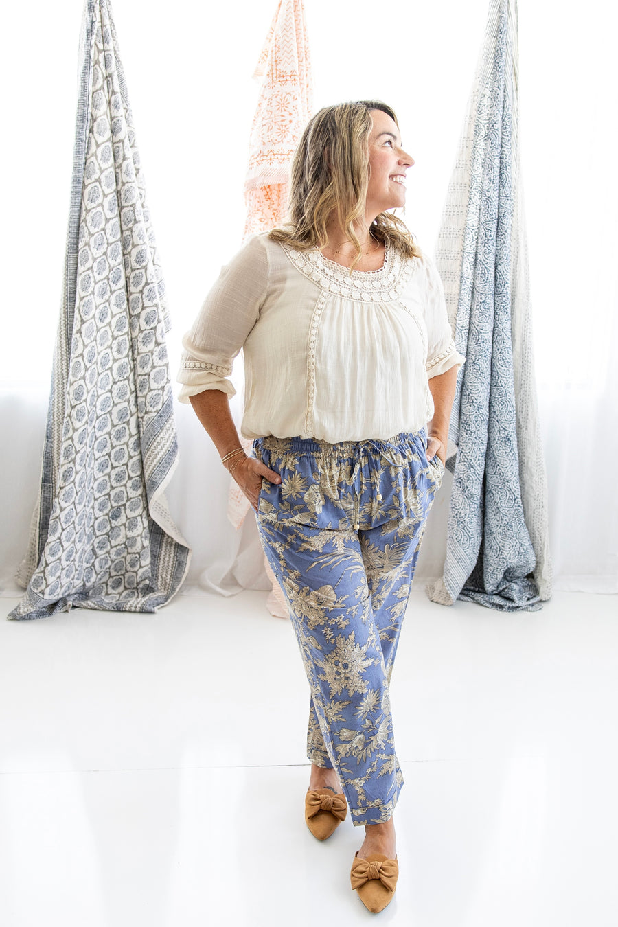 Blue & Cream Flower Pants in Cotton Print