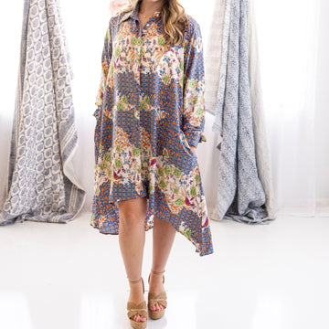 Blue Birds Silk Shirt High Low Shirt Dress
