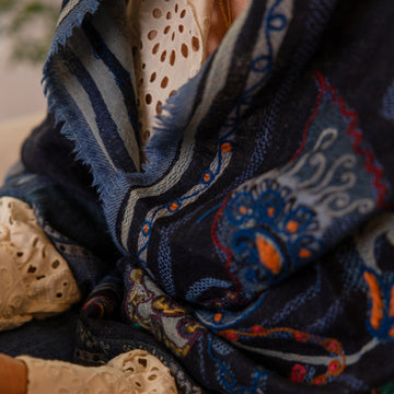 Fringed Woven Embroidered Wool Wrap
