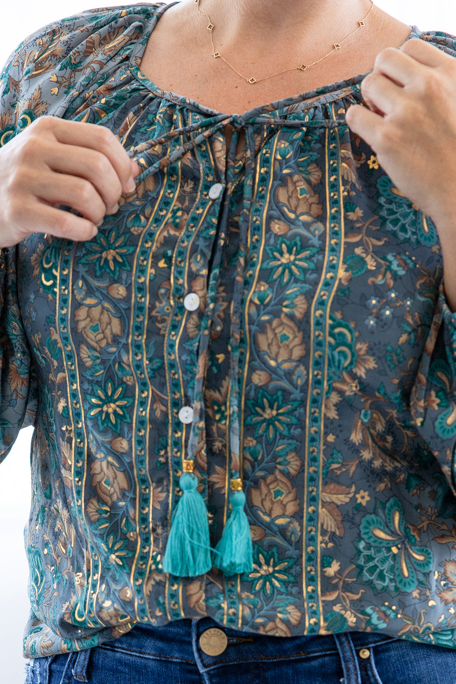 Boho Bloom Tassel Tie Blouse
