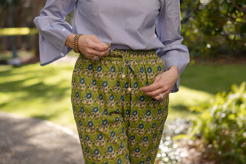 Olive Bloom Block Print Pants