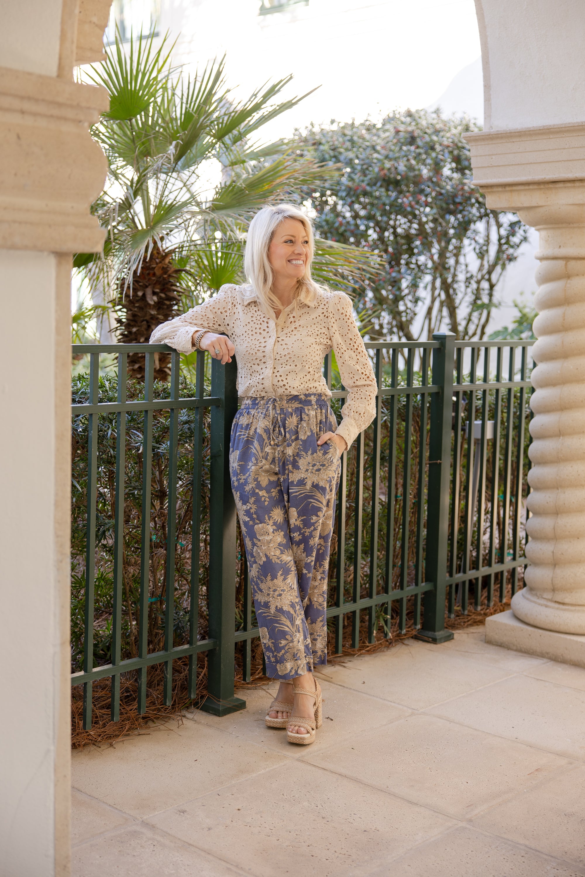 Blue & Cream Flower Pants in Cotton Print