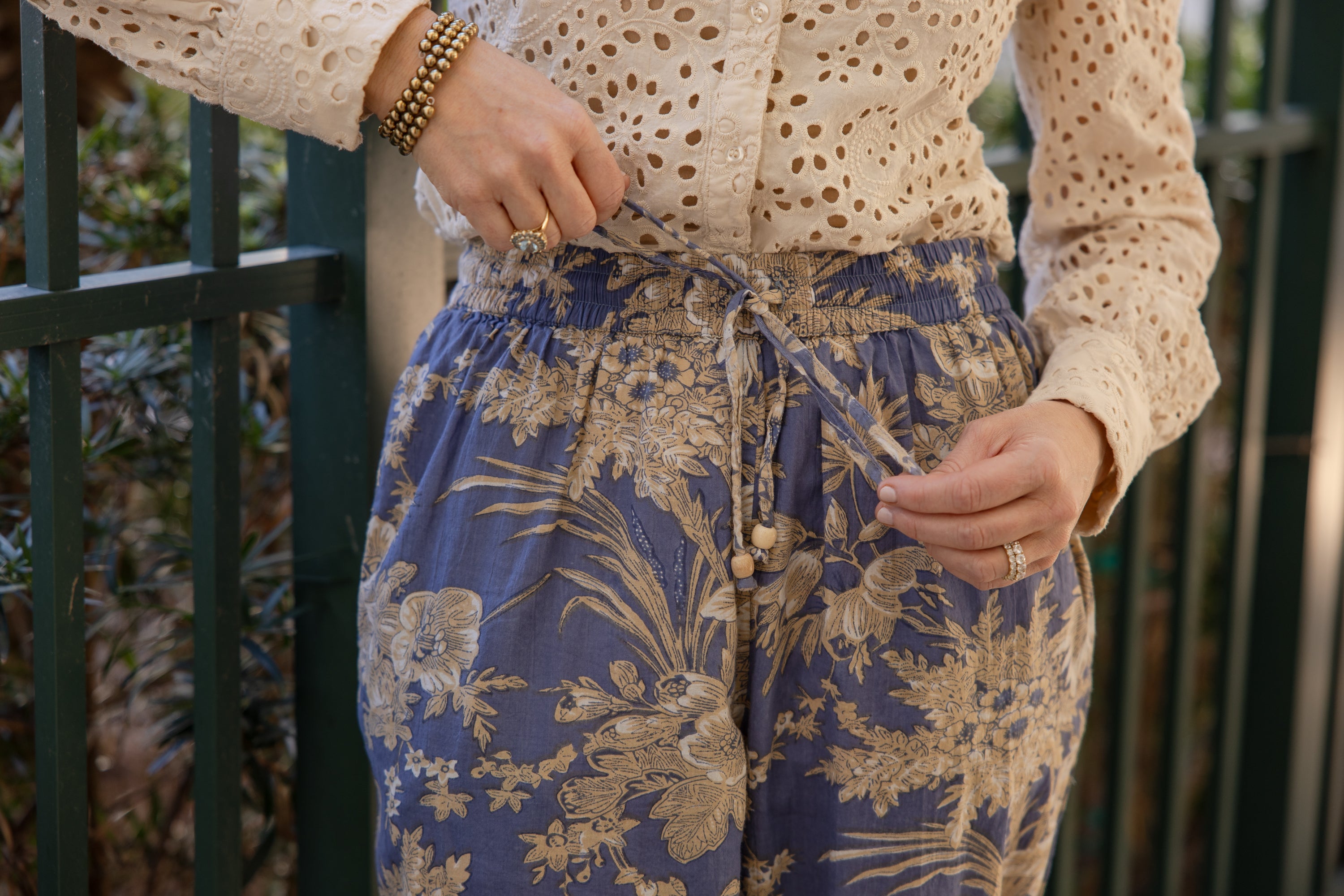 Blue & Cream Flower Pants in Cotton Print