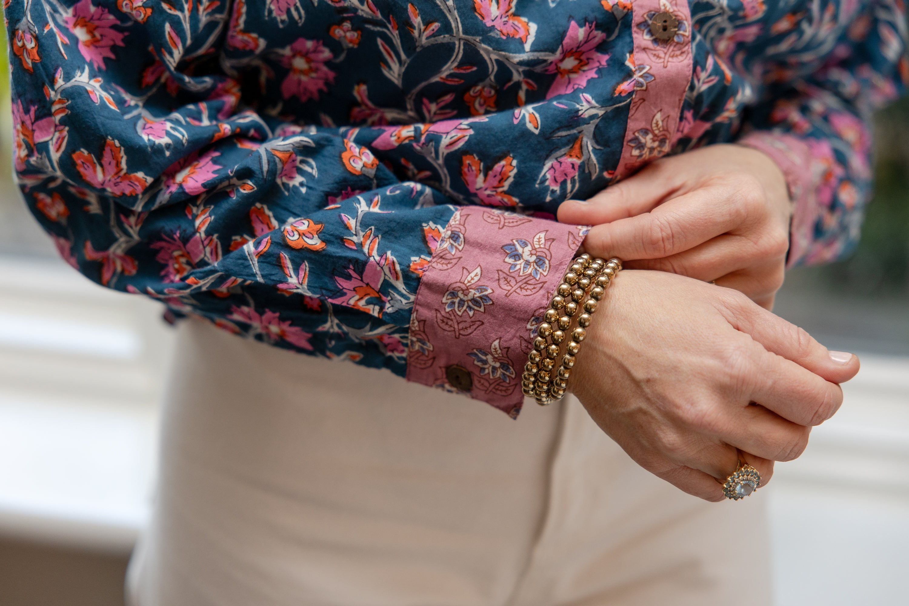 Indigo Bloom Block Print Button-Down Top