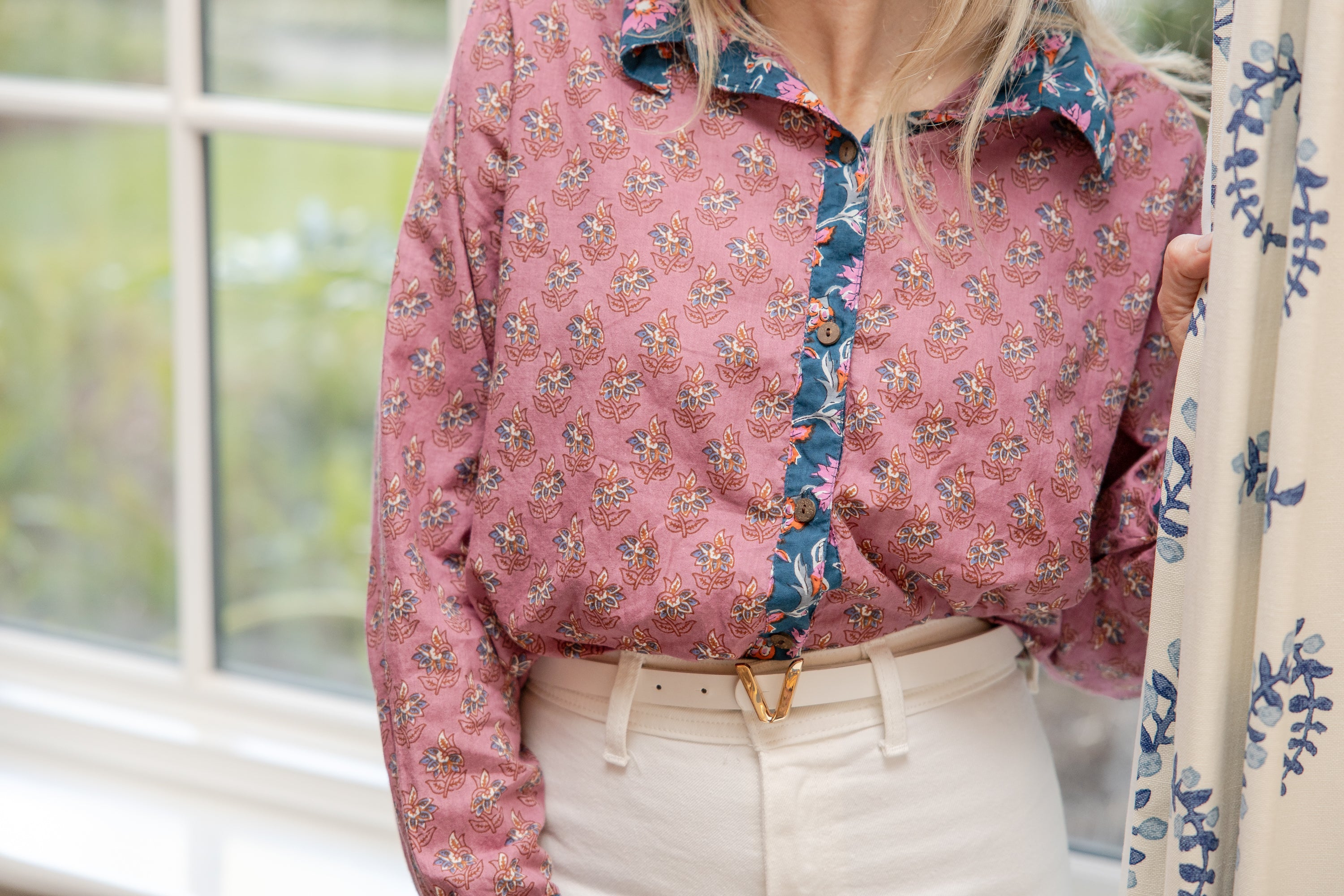 Floral Rose Block Print Button-Down Top