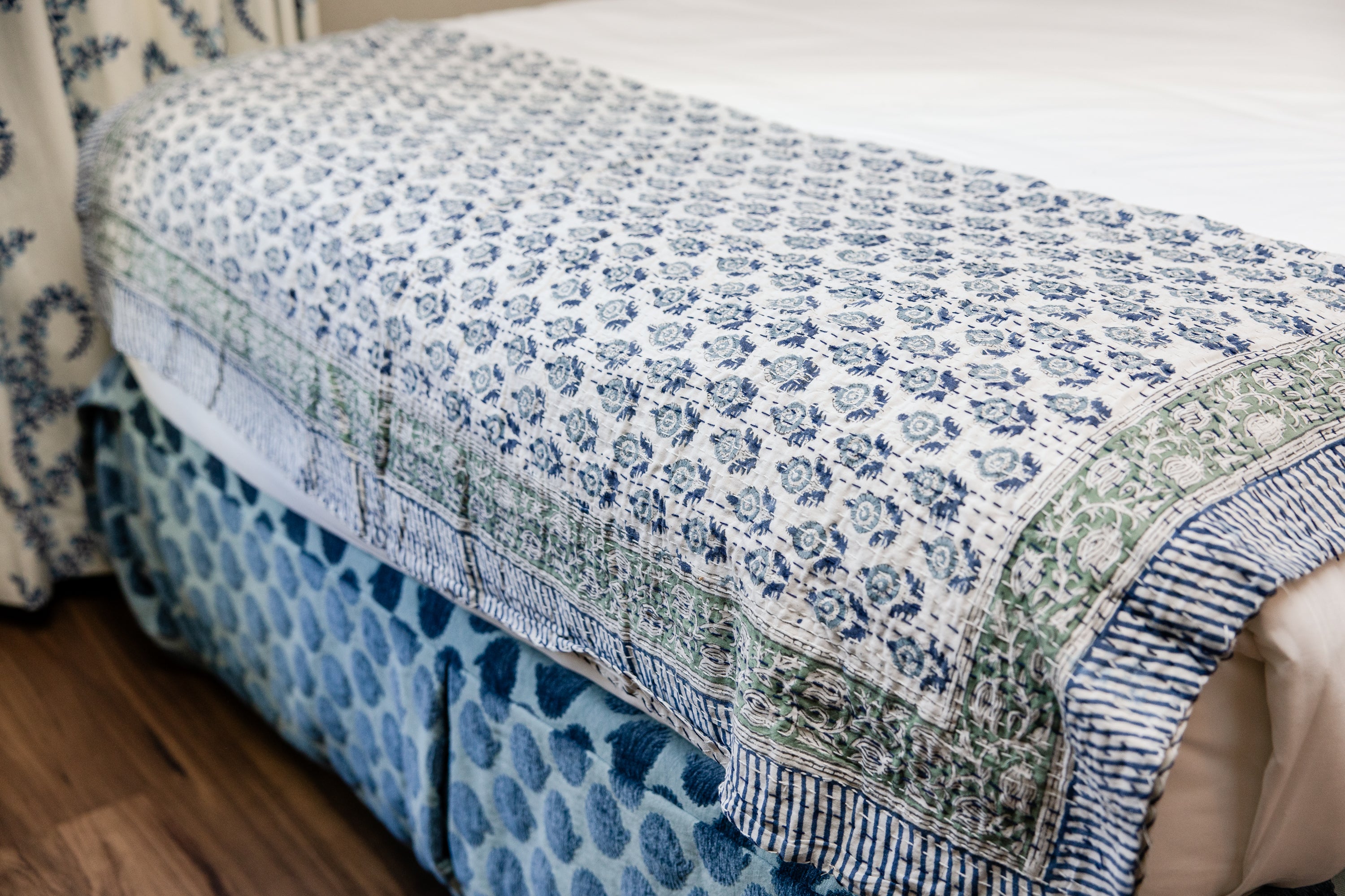 Kantha Stitch Garden Block Print Quilt-Small