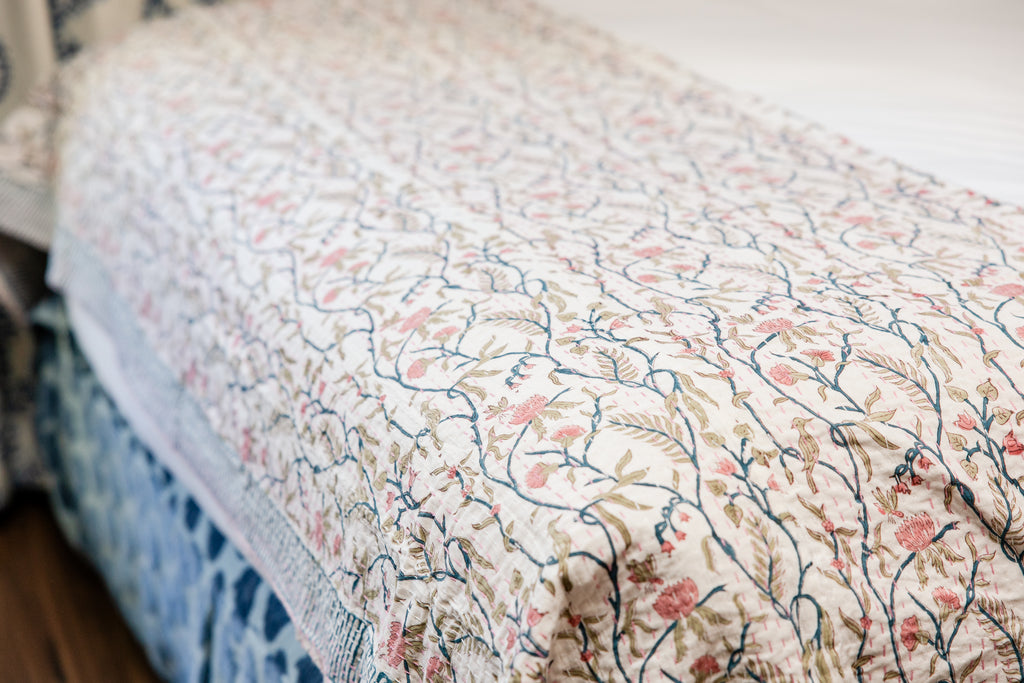 Kantha Stitch Garden Block Print Quilt-Small