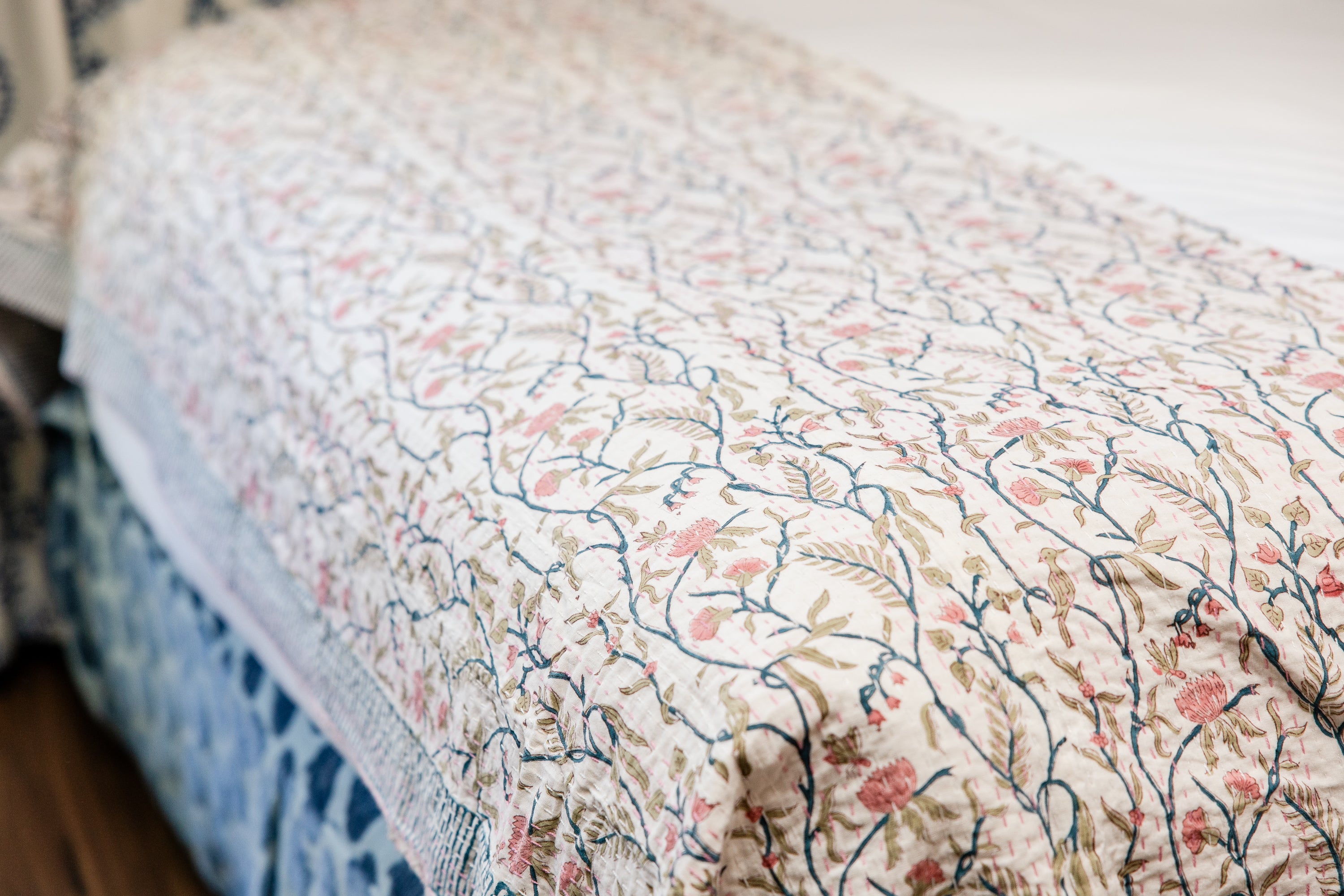 Kantha Stitch Garden Block Print Quilt-Small