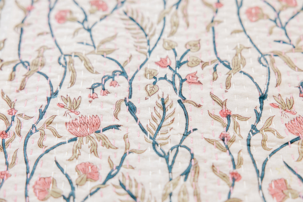 Kantha Stitch Garden Block Print Quilt-Small