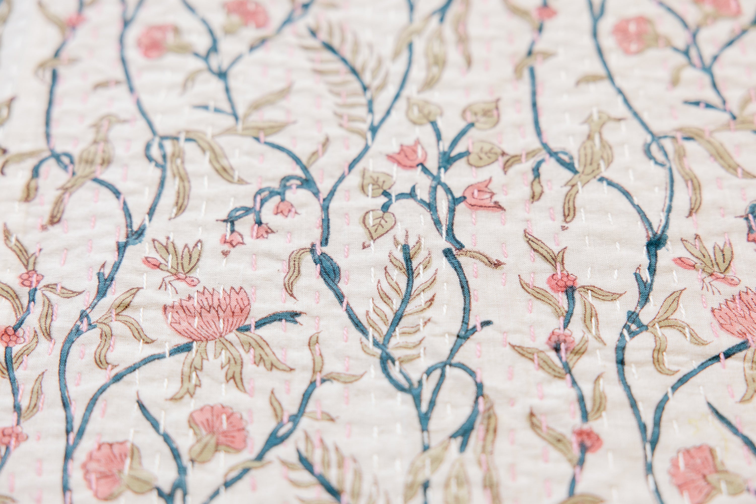 Kantha Stitch Garden Block Print Quilt-Small