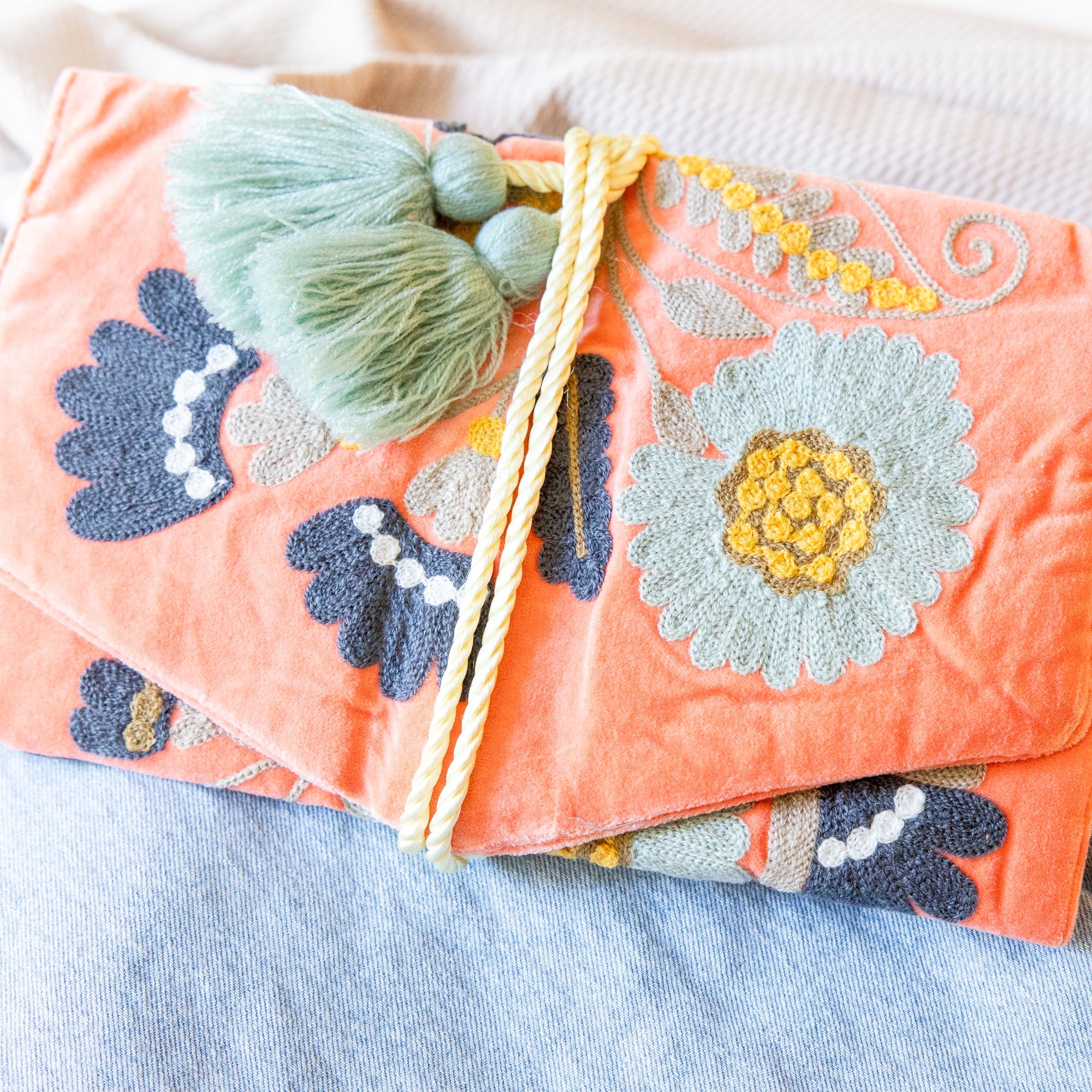 Embroidered Velvet Jewelry Organizer- Coral