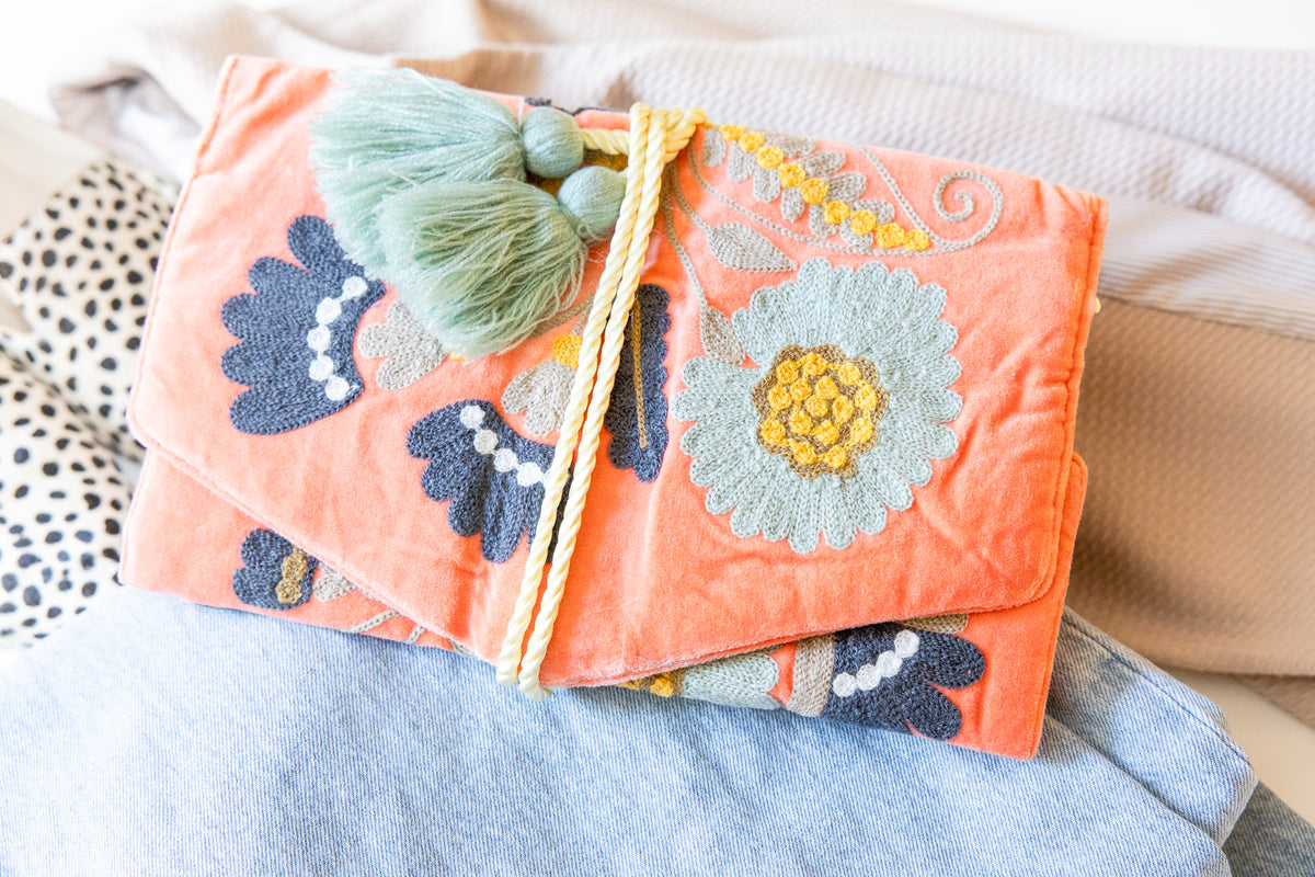 Embroidered Velvet Jewelry Organizer- Coral
