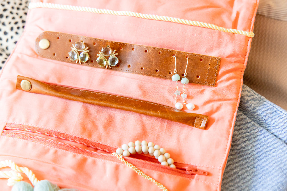 Embroidered Velvet Jewelry Organizer- Coral