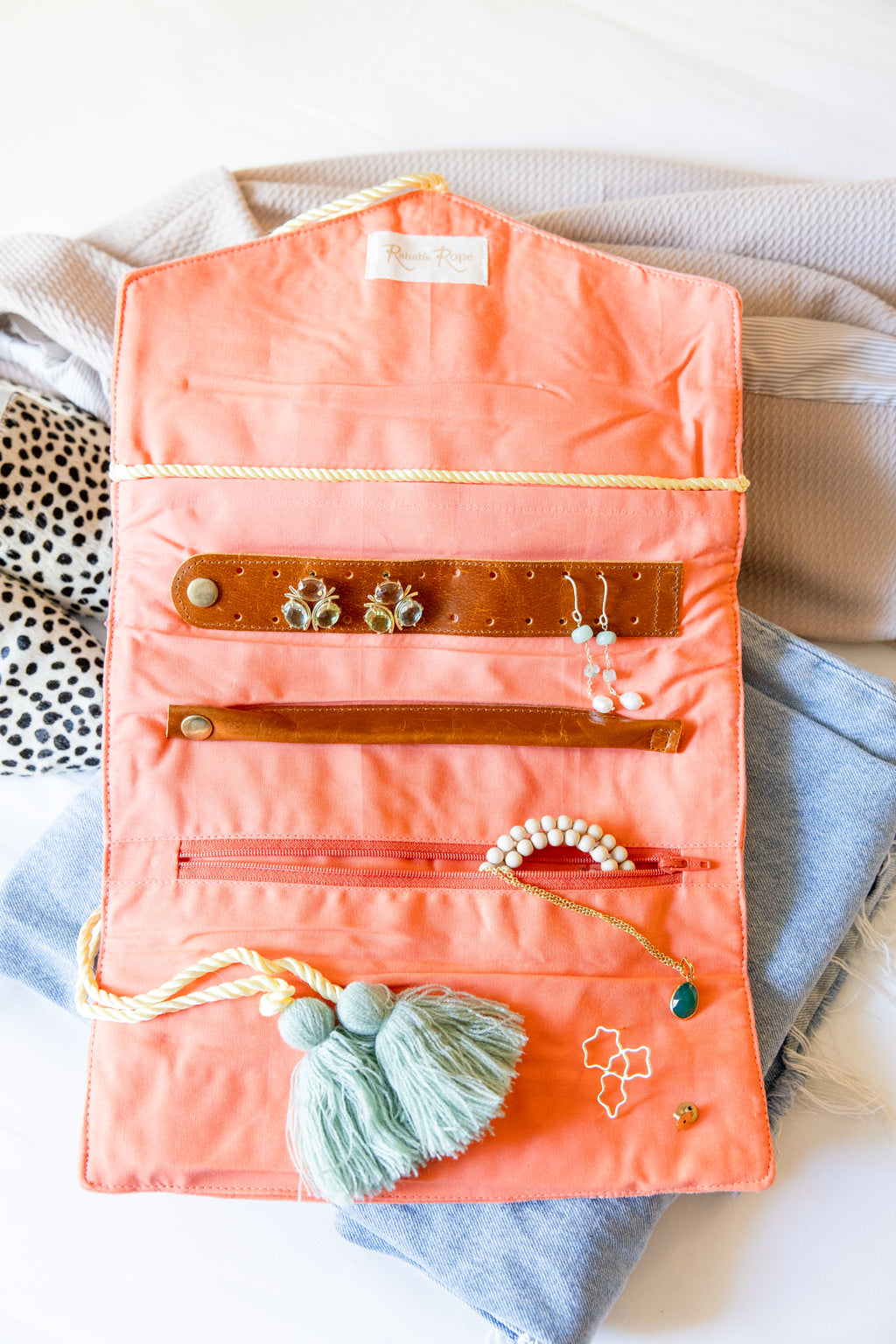 Embroidered Velvet Jewelry Organizer- Coral