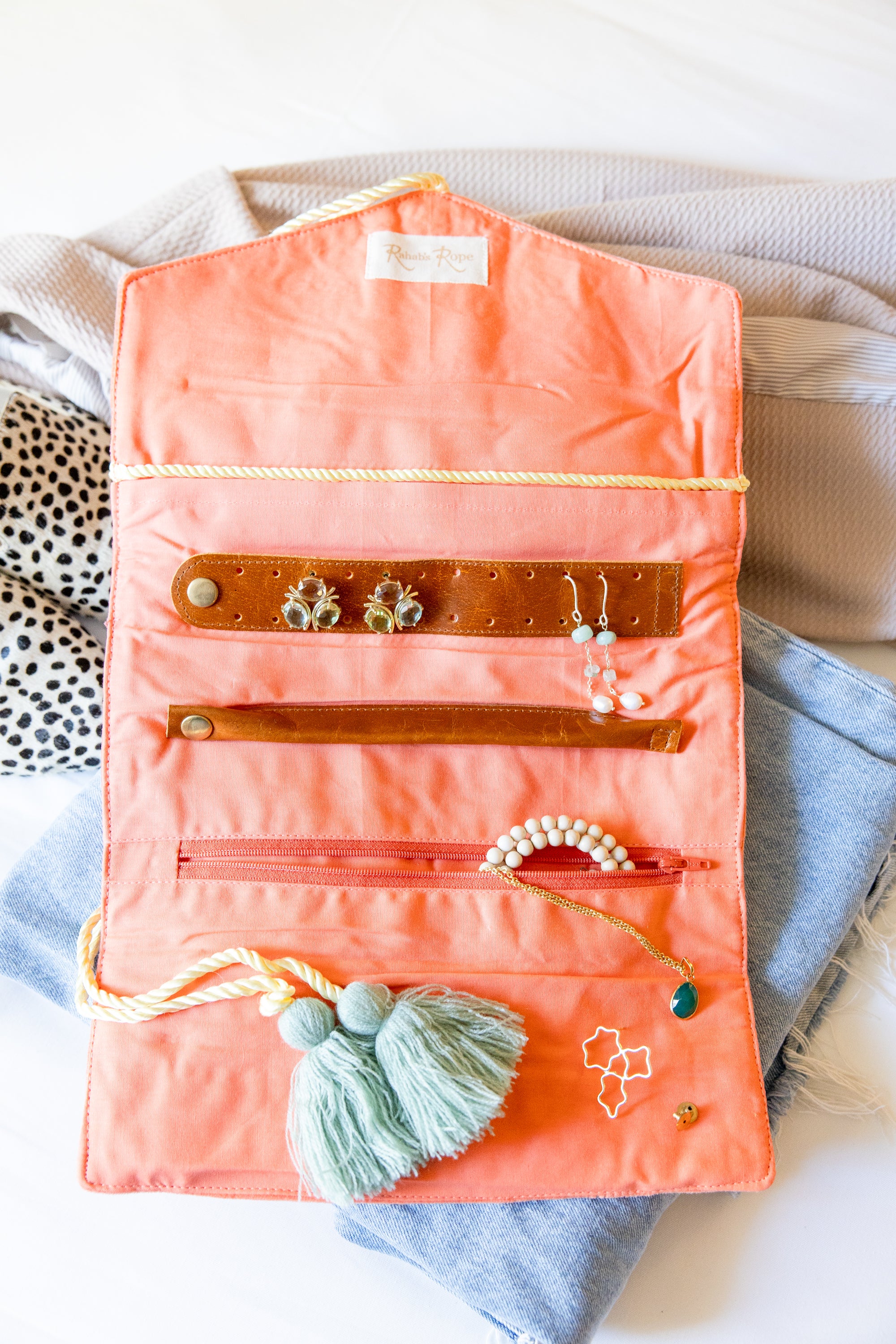 Embroidered Velvet Jewelry Organizer- Coral