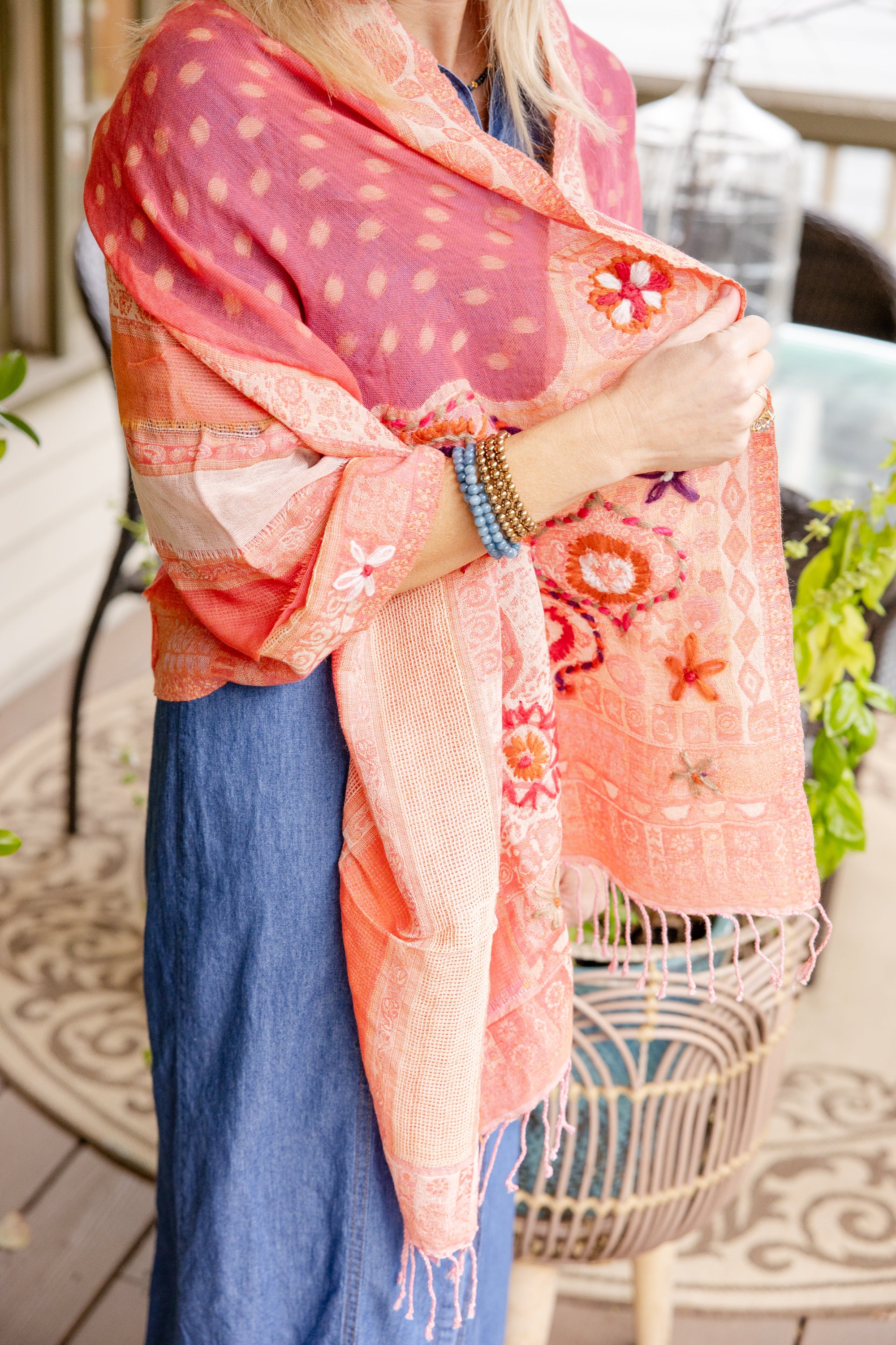 Layered Wool Embroidered Wrap