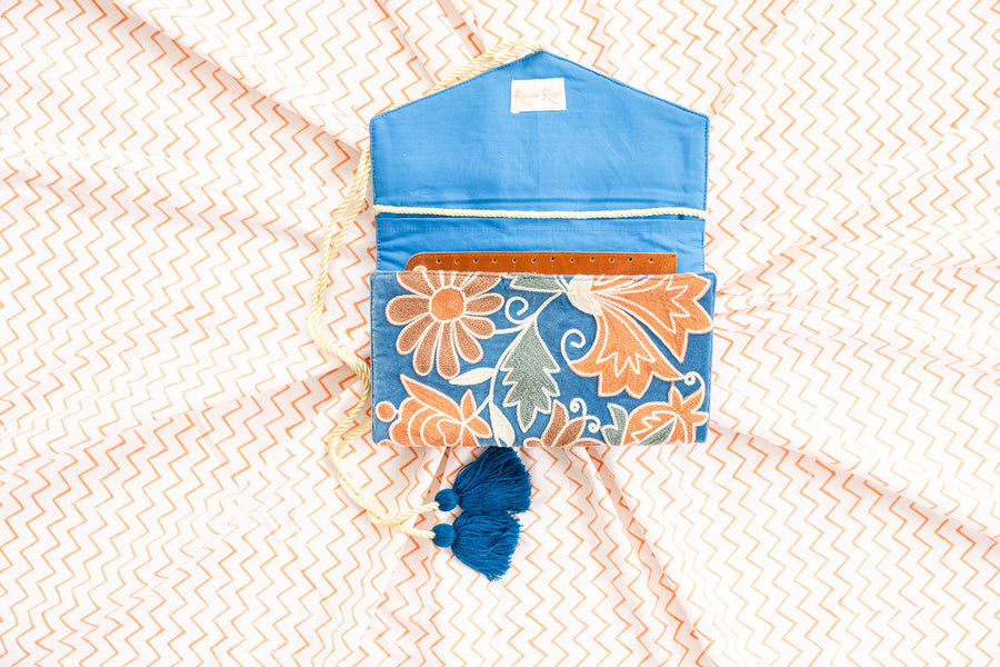 Embroidered Velvet Jewelry Organizer- Blue
