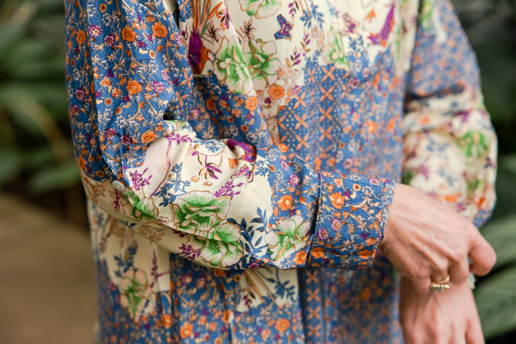 Blue Birds Silk Shirt High Low Shirt Dress