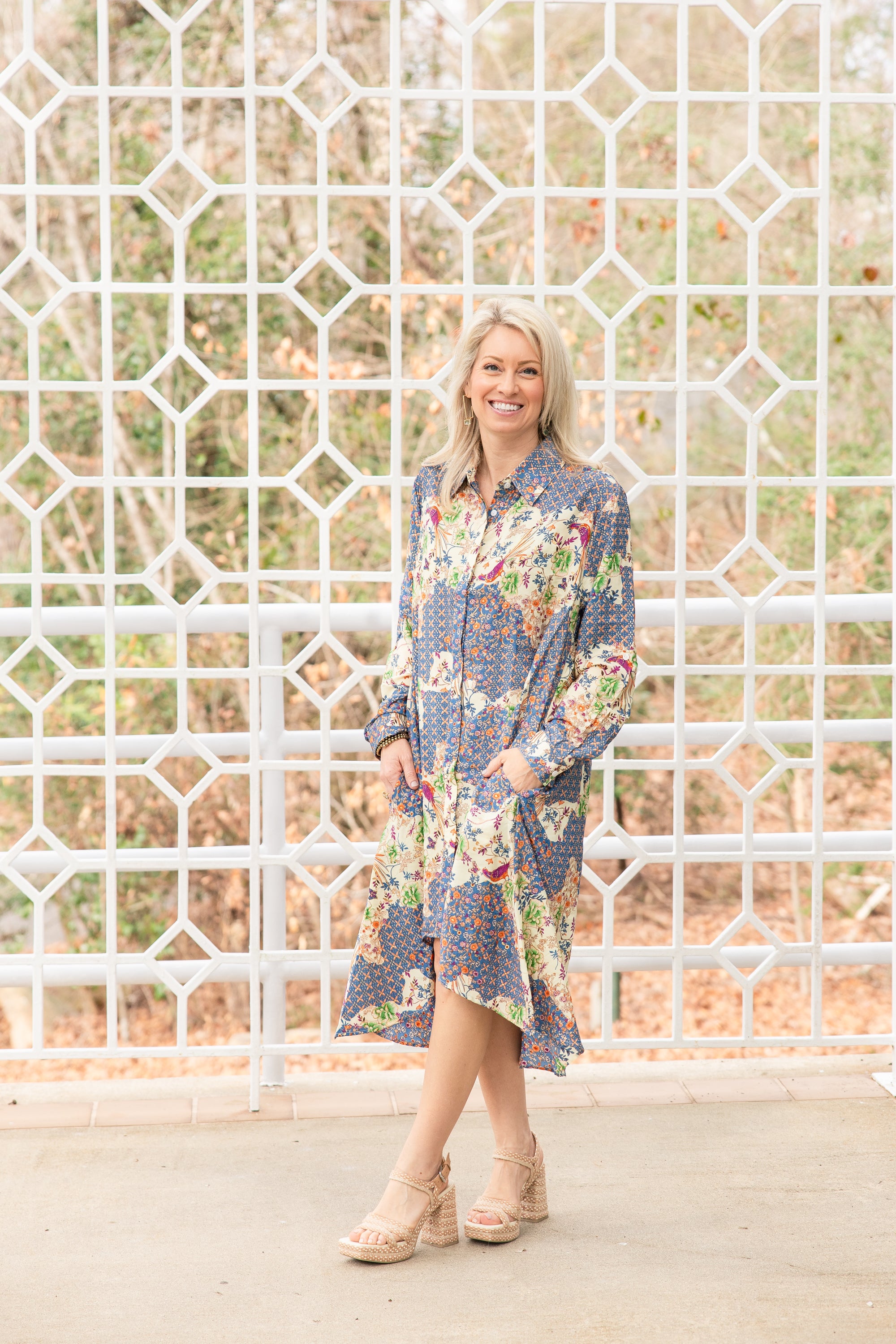 Blue Birds Silk Shirt High Low Shirt Dress