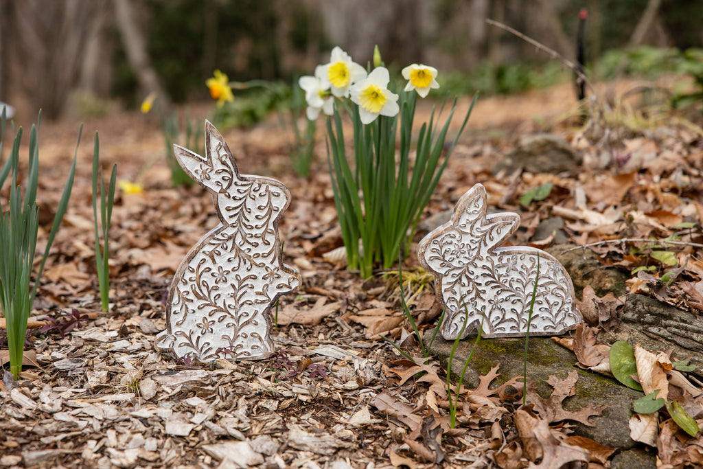 Bloomtail Carved Whitewashed Mango Wood Rabbit - Small