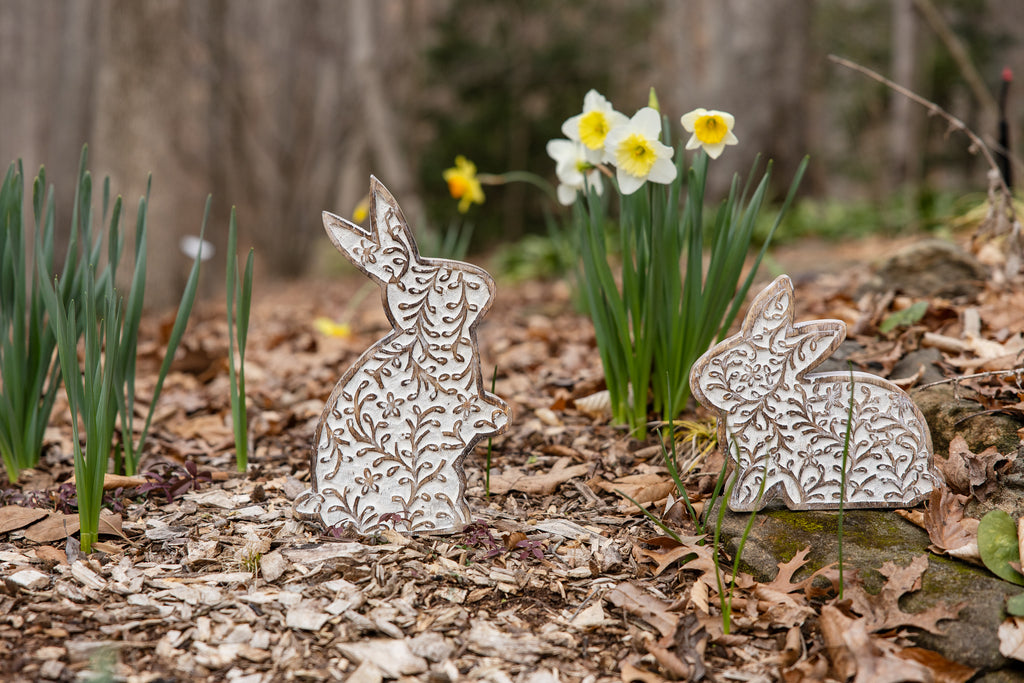 Bloomtail Carved Whitewashed Mango Wood Rabbit - Large