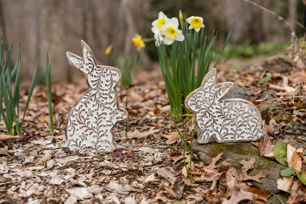 Bloomtail Carved Whitewashed Mango Wood Rabbit - Large