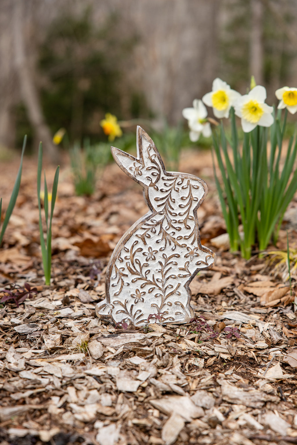 Bloomtail Carved Whitewashed Mango Wood Rabbit - Large