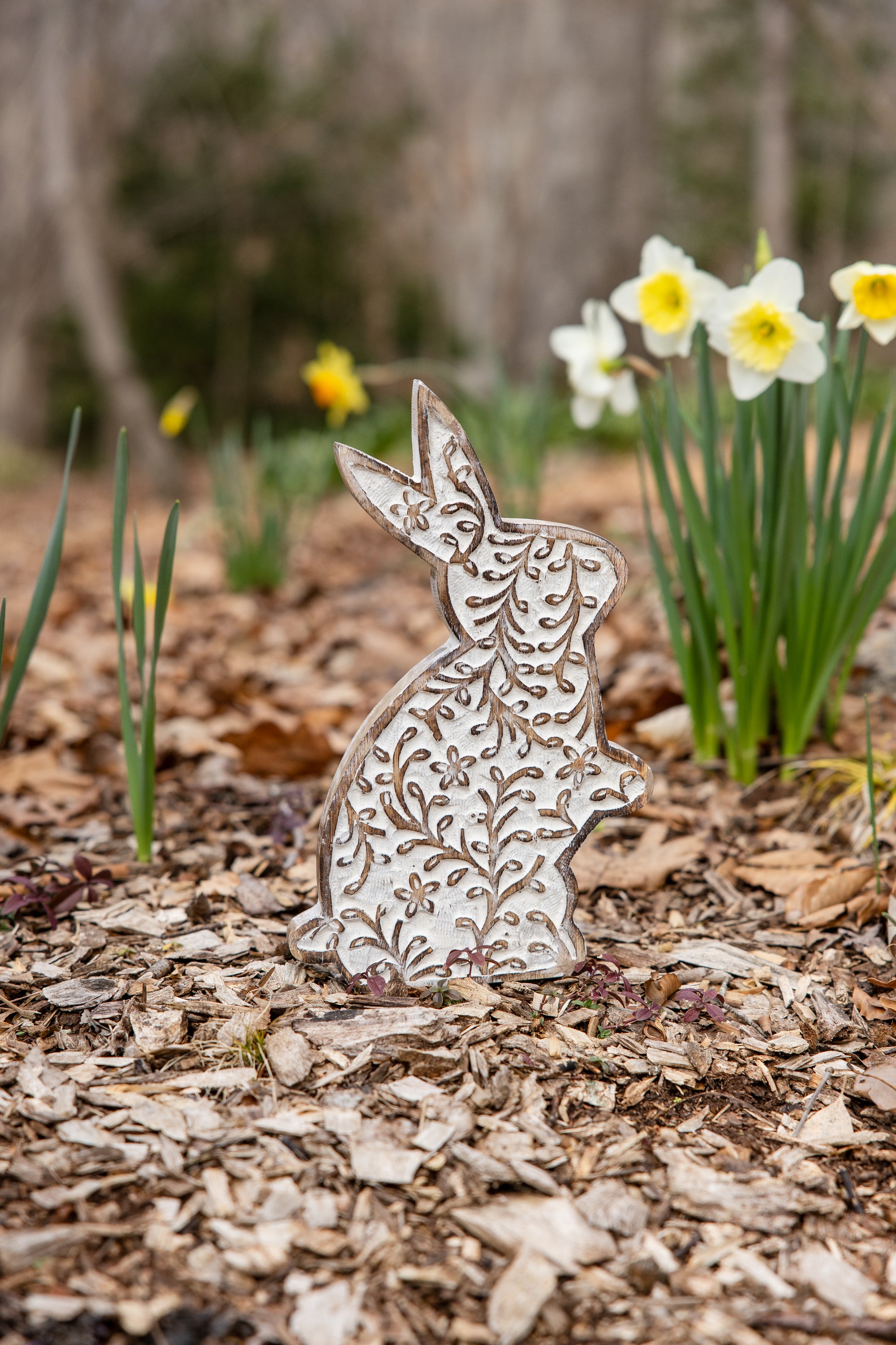Bloomtail Carved Whitewashed Mango Wood Rabbit - Small