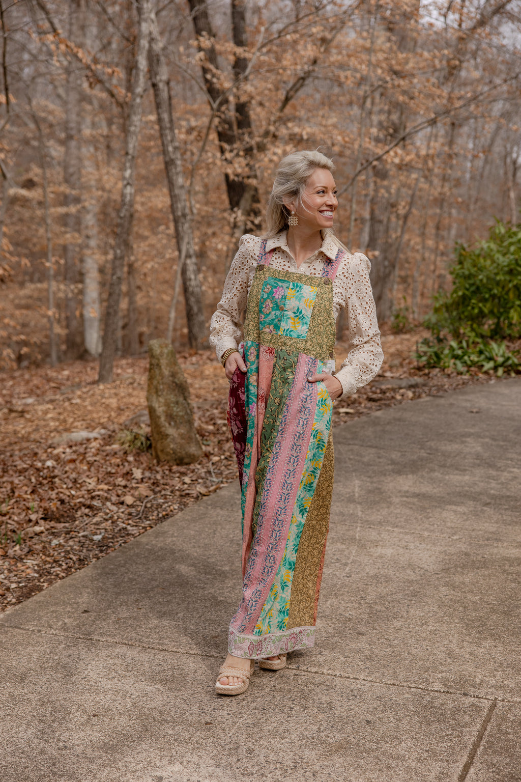 Botanical Motif Patchwork Printed Overalls