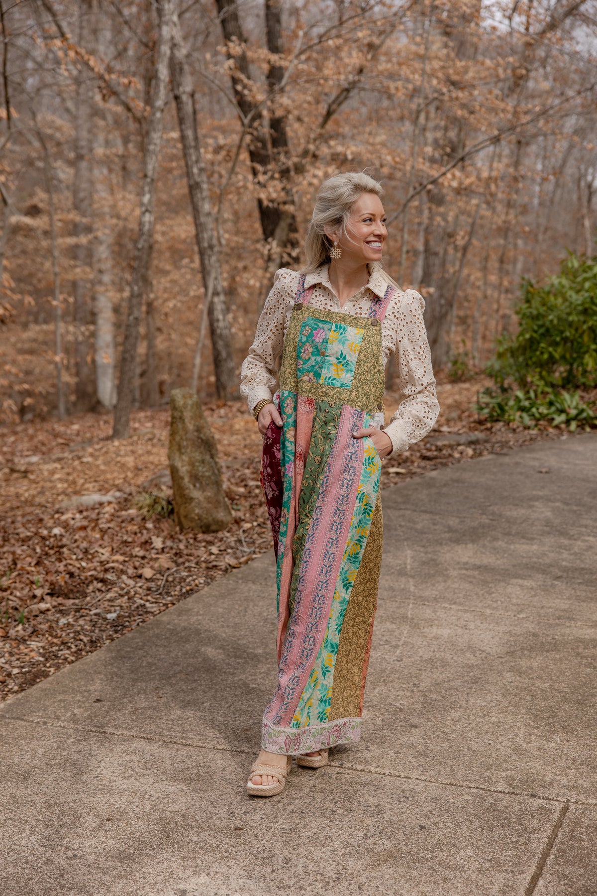 Botanical Motif Patchwork Printed Overalls