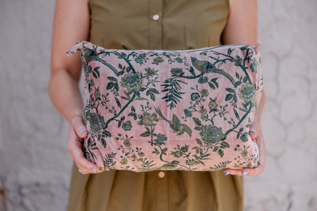 Blush Garden Velvet Cosmetic Pouch-Large