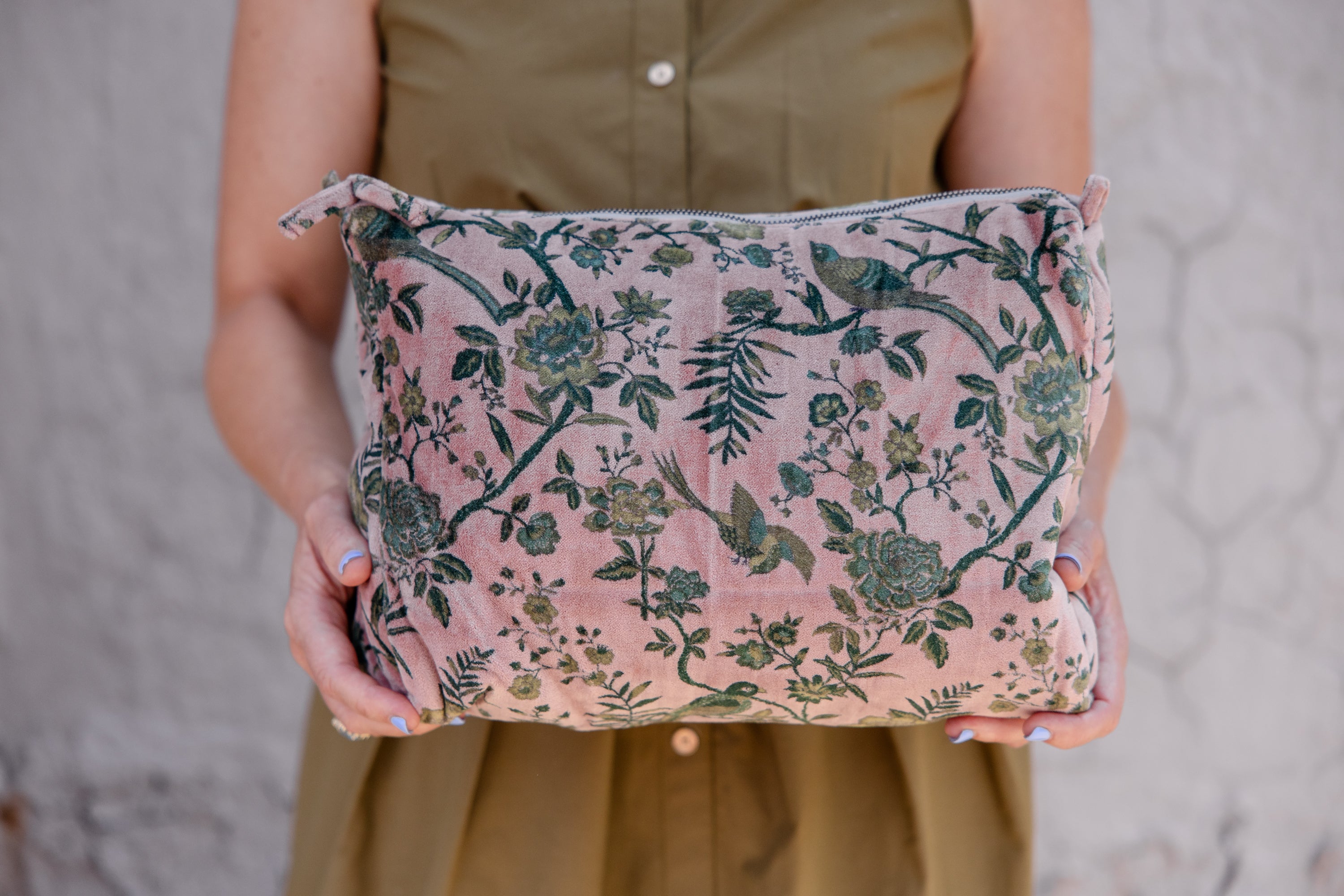 Blush Garden Velvet Cosmetic Pouch-Large