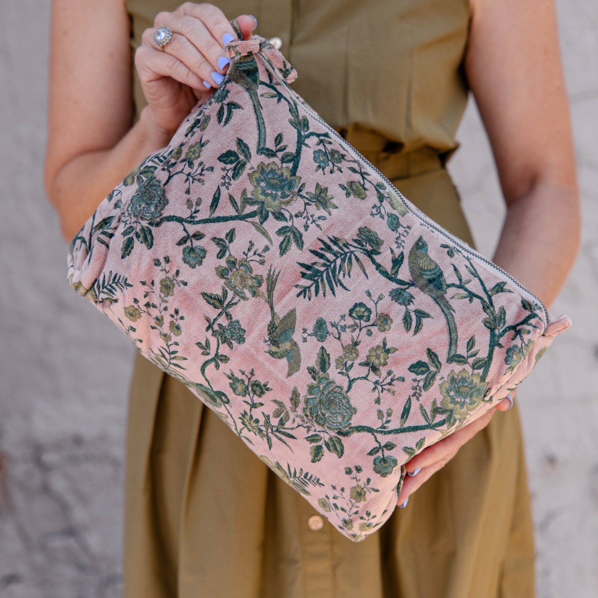 Blush Garden Velvet Cosmetic Pouch-Large