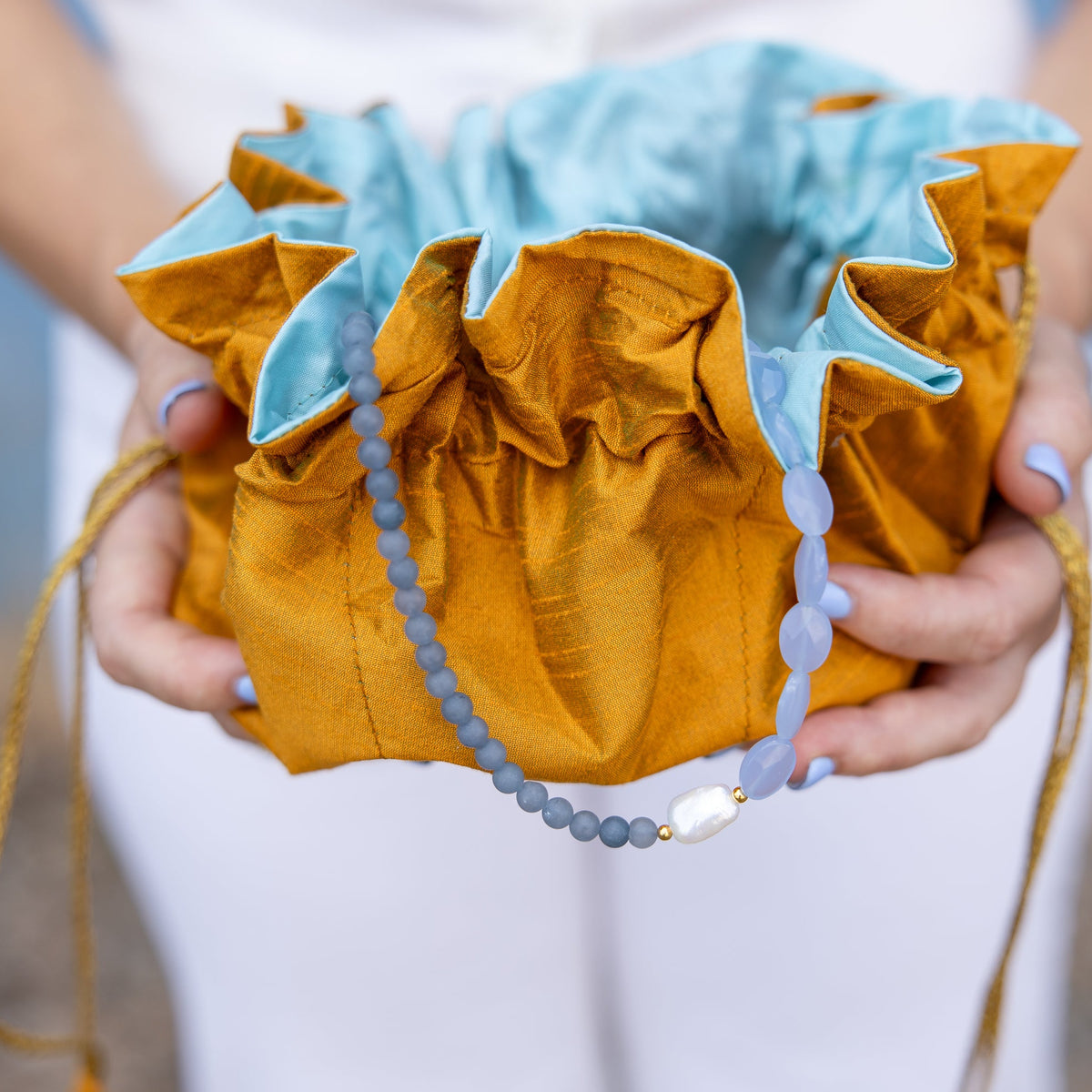 Mustard/Mint Travel Jewelry Bag- Large