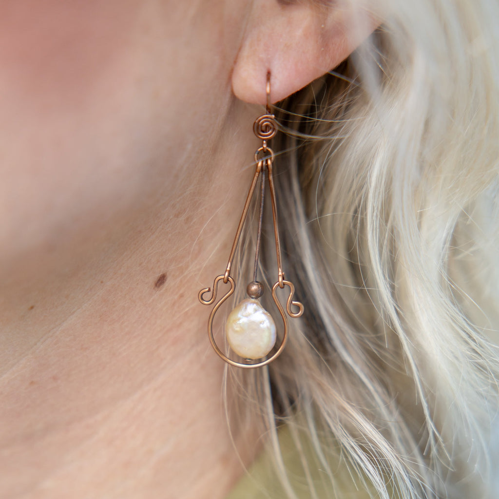 Marking Time Earrings-Copper & Gold Pearl
