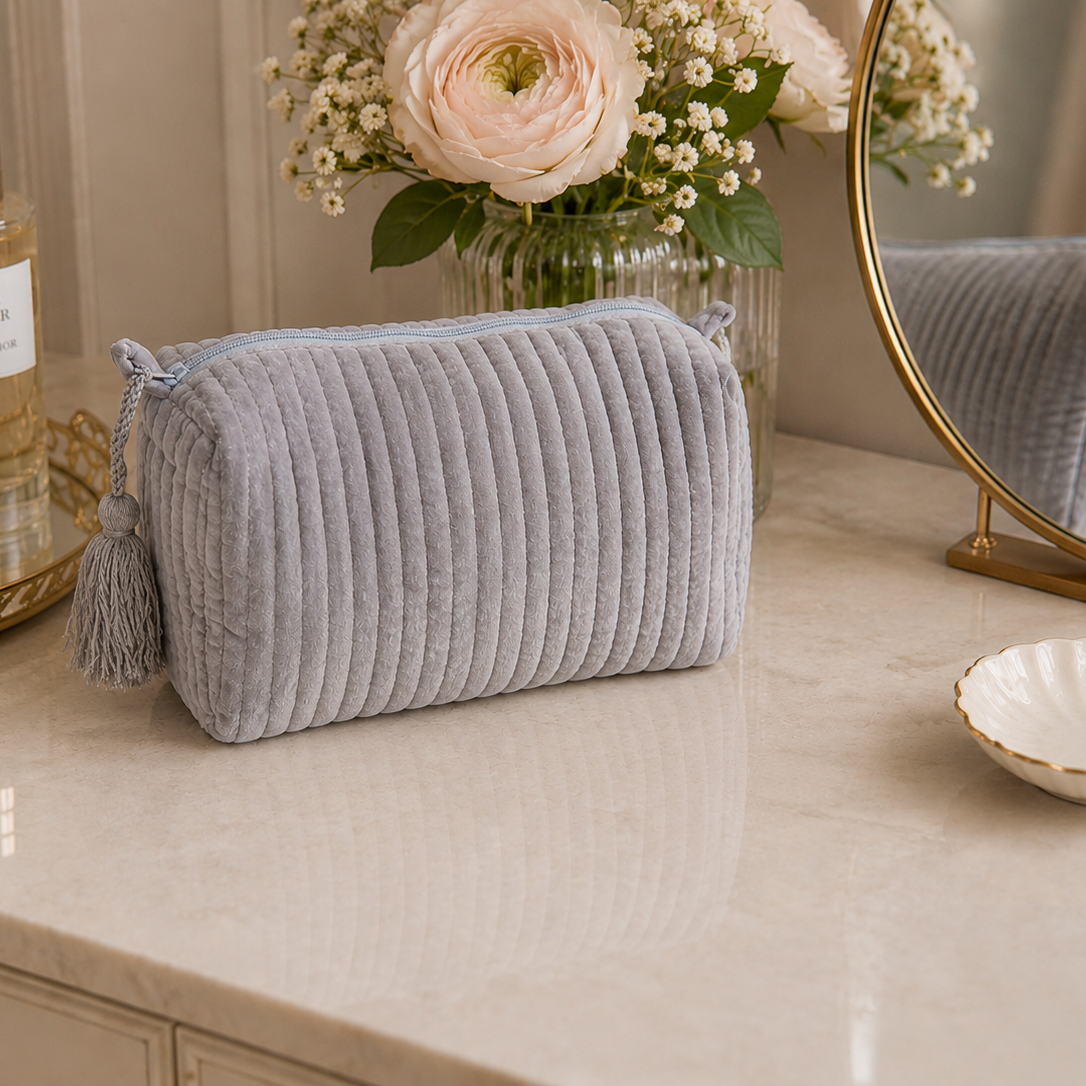 Velvet & Block Print Lined Cosmetic Pouch- Gray