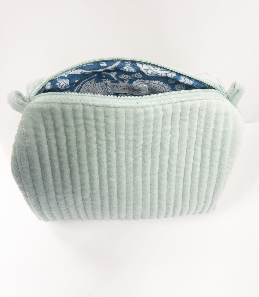 Velvet & Block Print Cosmetic Pouch- Mint