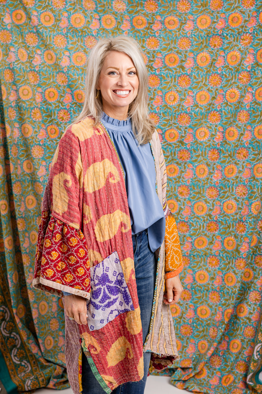 Reversible Kantha Stitch Kaftan Midi