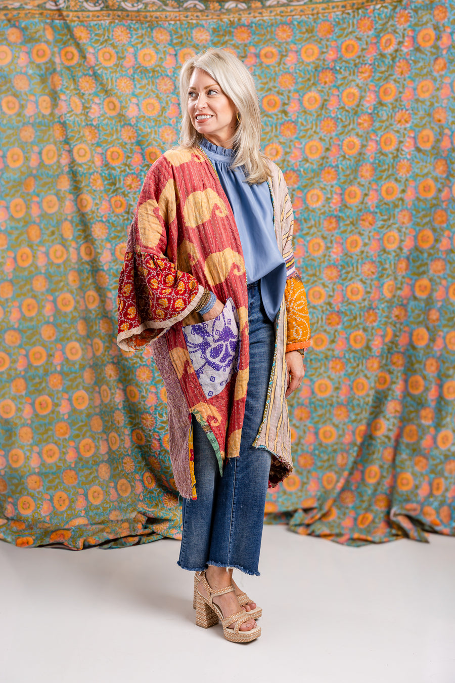 Reversible Kantha Stitch Kaftan Midi