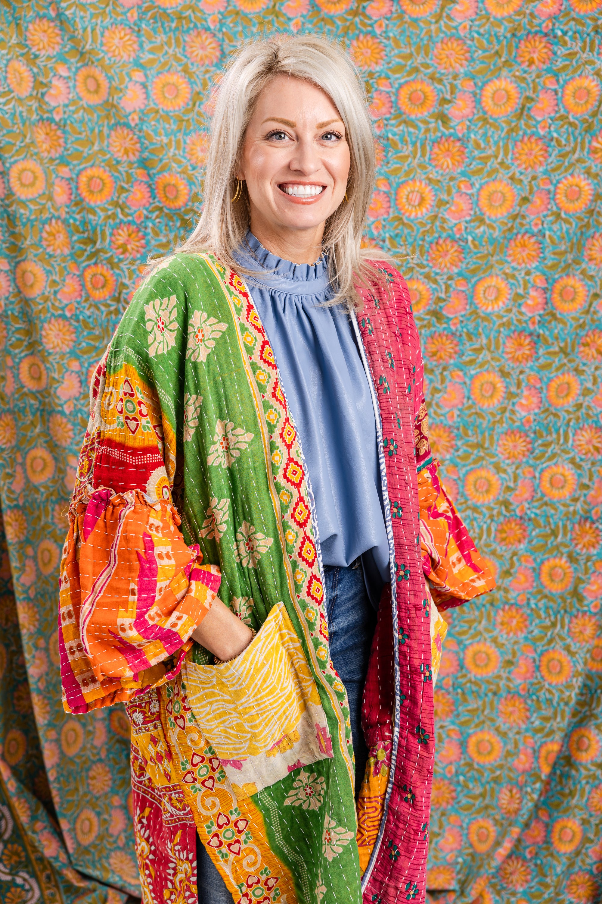Reversible Kantha Stitch Kaftan Midi