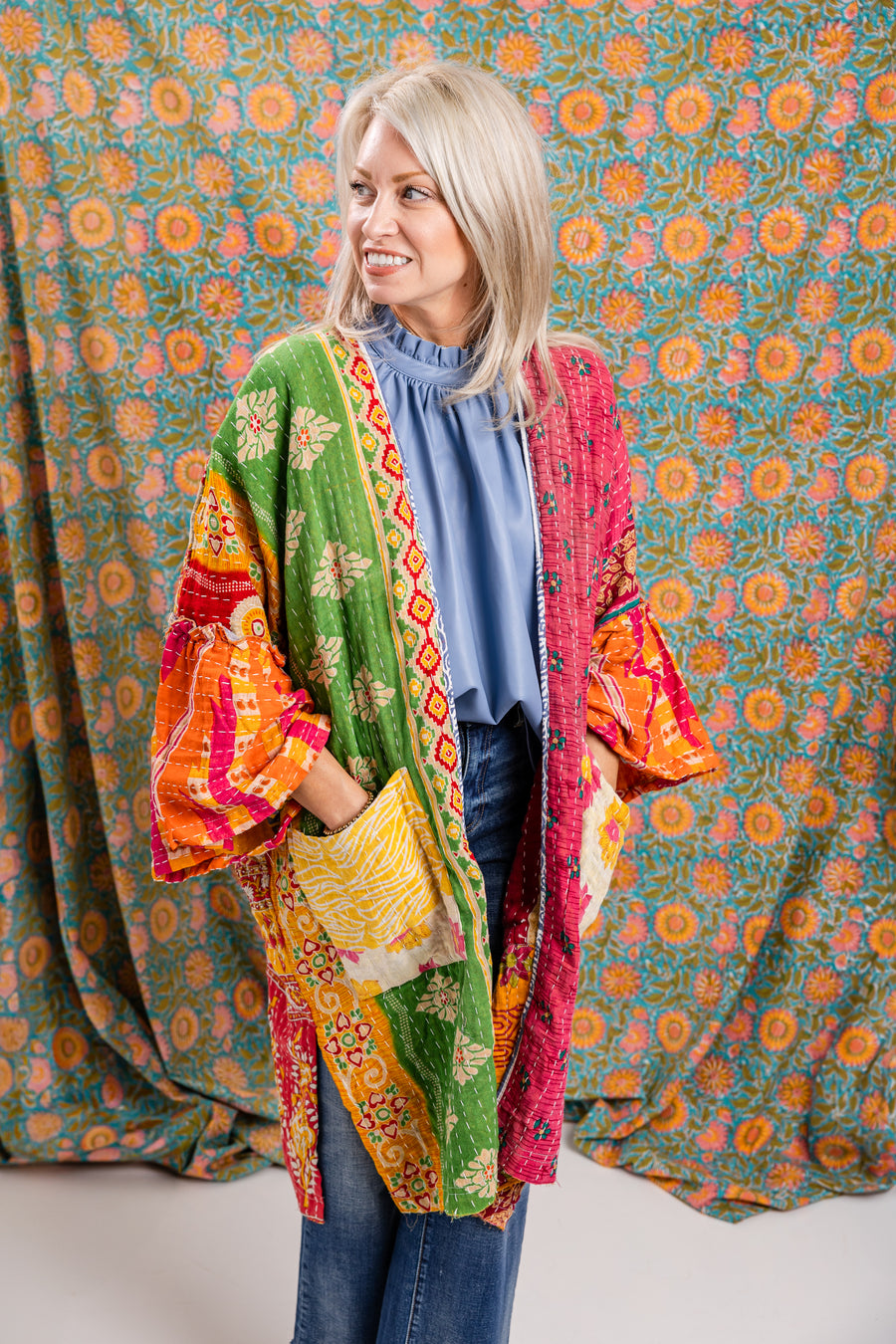 Reversible Kantha Stitch Kaftan Midi