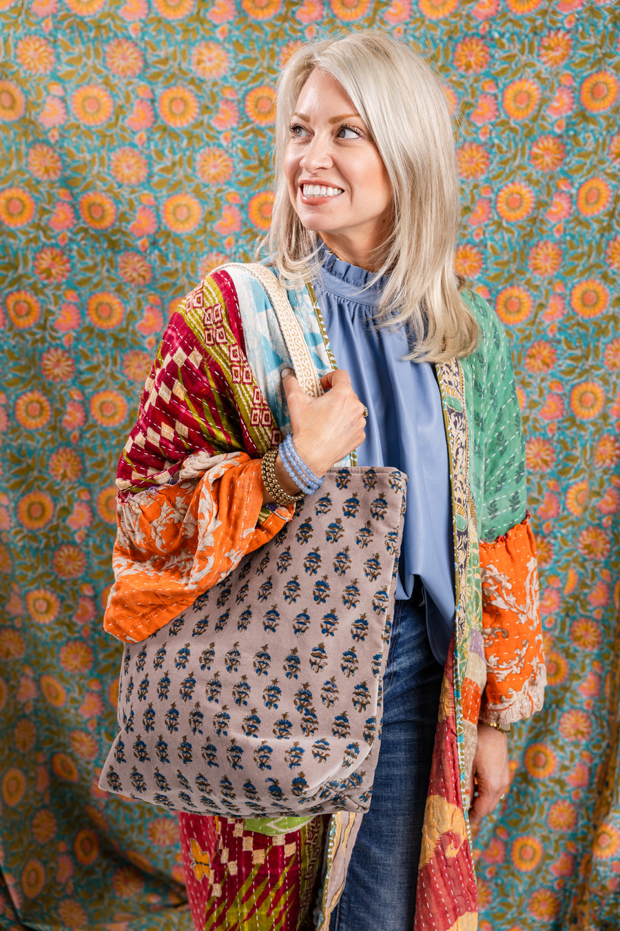 Block Print Velvet Tote-Gray