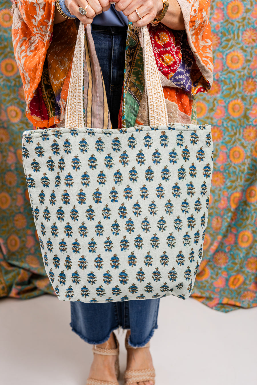 Block Print Velvet Tote-Mint