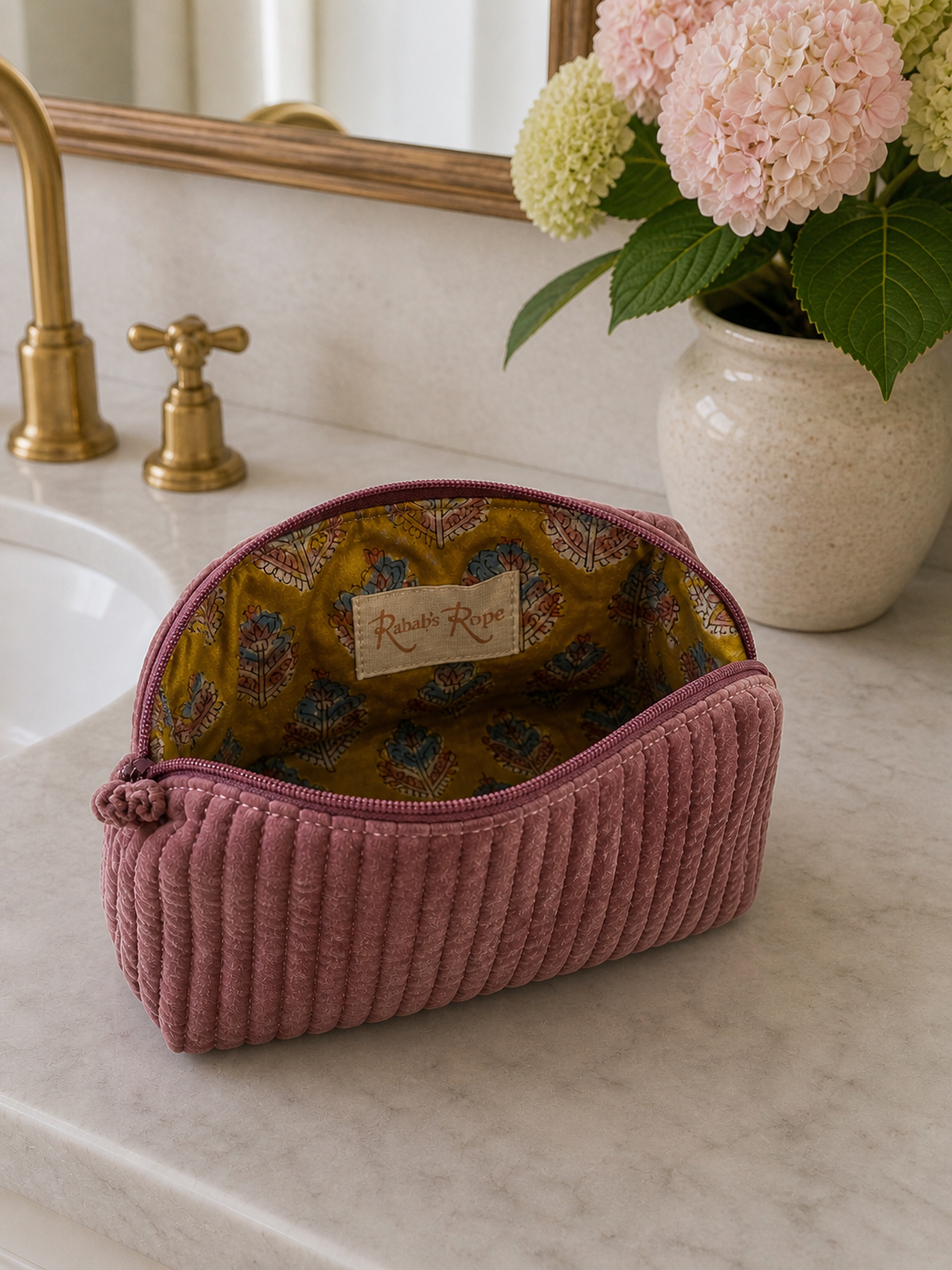 Velvet and Block Print Lined Cosmetic Pouch-Mauve