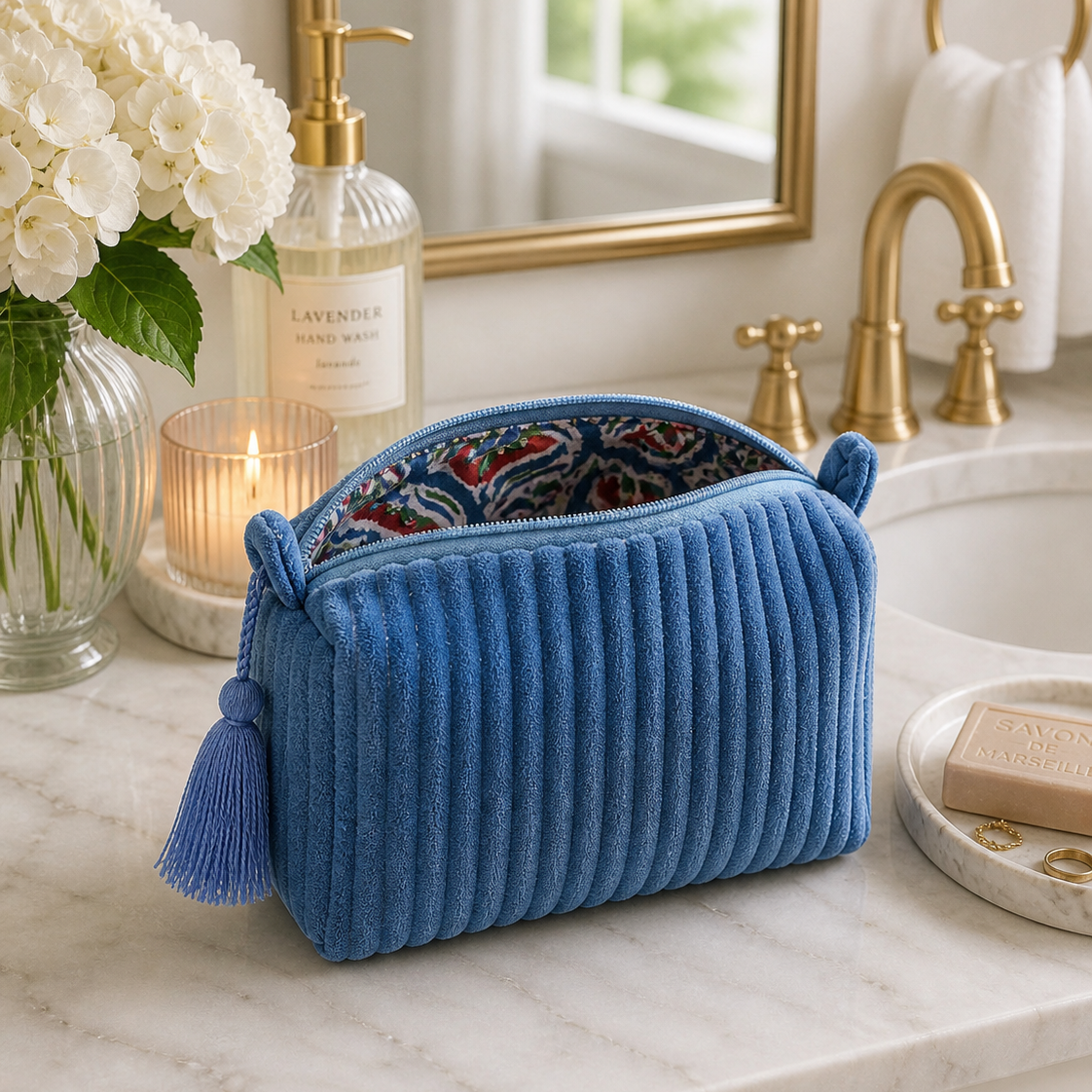 Velvet & Block Print Lined Cosmetic Pouch- Indigo