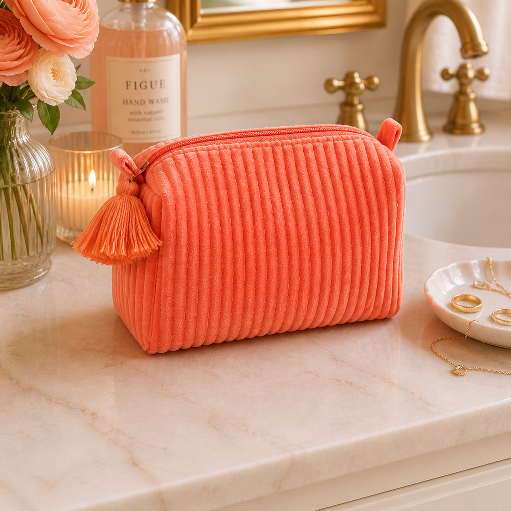 Velvet & Block Print Lined Cosmetic Pouch- Salmon