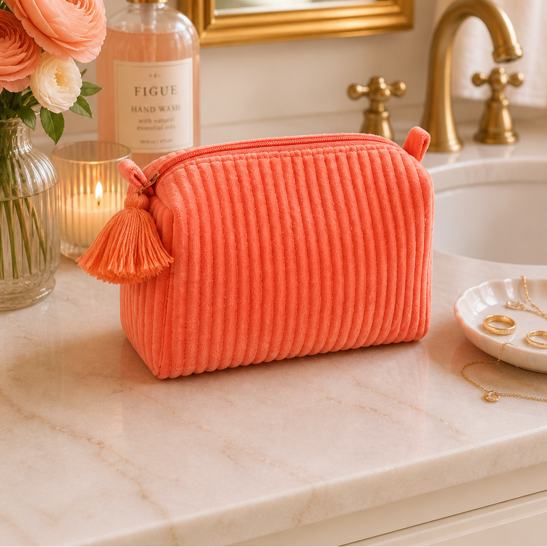 Velvet & Block Print Lined Cosmetic Pouch- Salmon