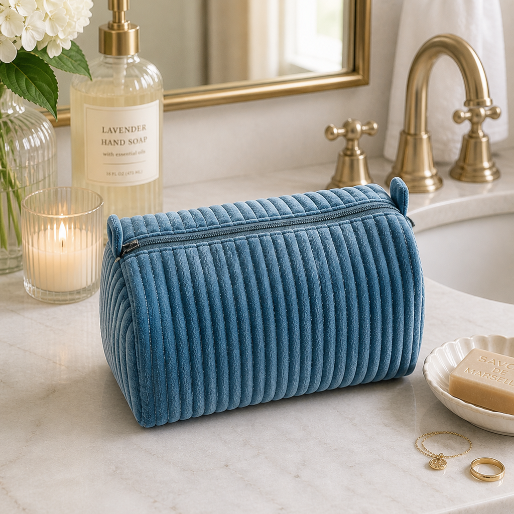 Velvet & Block Print Lined Cosmetic Pouch-Harbor Blue